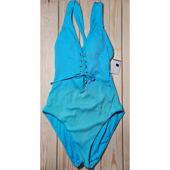 Becca One-Piece Swimsuit Ribbed Texture Halter Turquoise Ombre Blue Swimwear M - Picture 1 of 8
